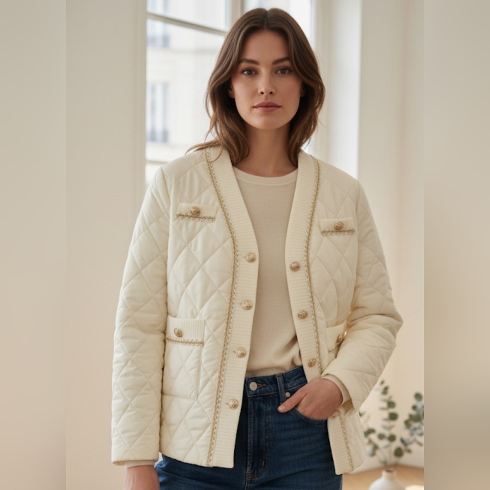 SAVIDA Elegant Cream Quilted Cardigan Jacket With Gold Chain Trim Size M